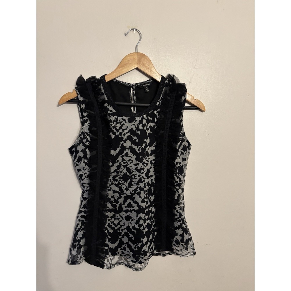 J. Peterman Women's Black‎ & White 100% Silk Sleeveless Blouse Ruffle Size 0